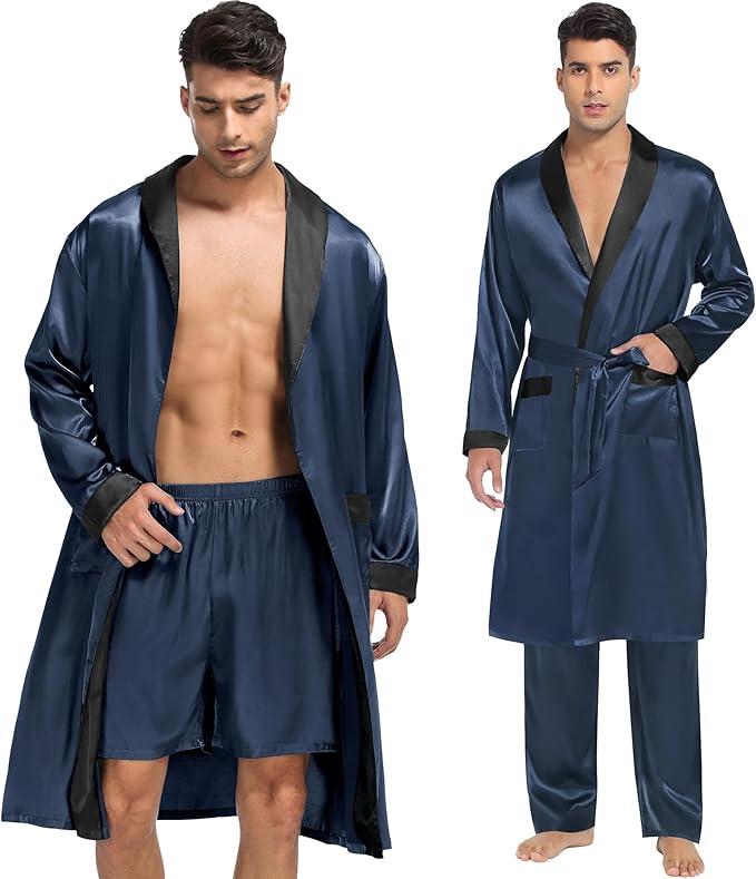 SWOMOG Men's  Robe Silk Satin Kimono Bathrobe  Lightweight Soft Sleepwear (Dark Gray), Small