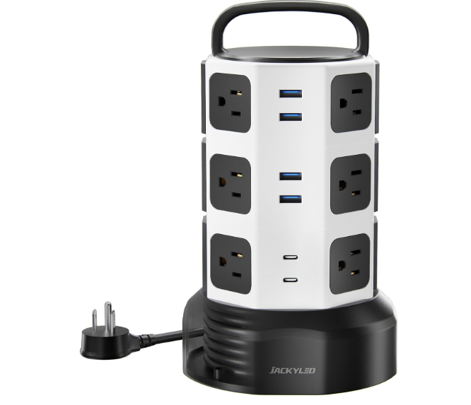 Power Strip Tower Surge Protector, JACKYLED 12 Outlets 6 USB (2 USB C) Charging Station, Extension Cord with Multiple Outlets, 1050J 1625W/13A Outlet Extender 6.5ft Extension Cord for Home Office