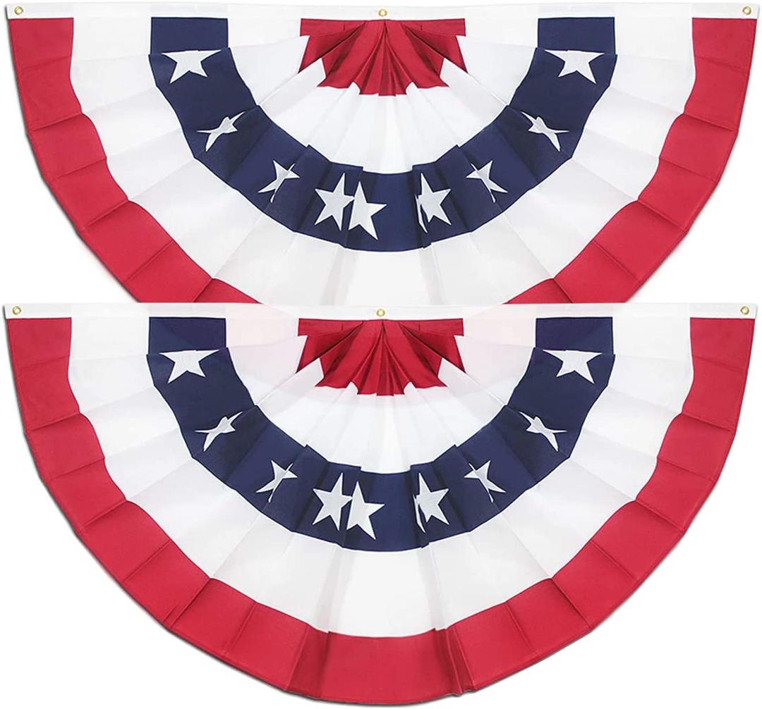 2 Pack USA Pleated Fan Flag, 3x6 Ft American US Flag Patriotic Bunting Stars and Stripes Banner with Canvas Header and Brass Grommets for 4th of July Memorial Day Indoor Outdoor Decoration