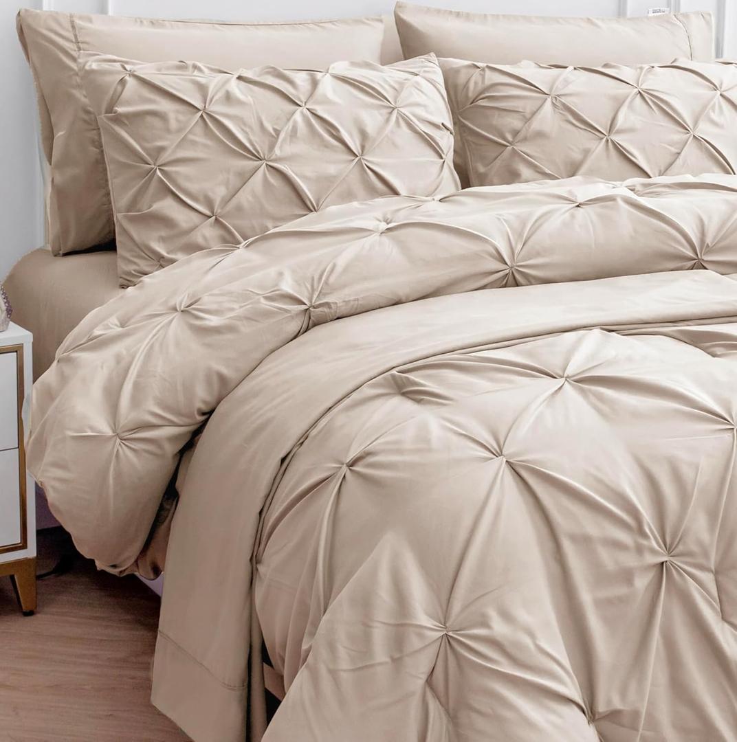 LANE LINEN King Size Comforter Set - 7 Piece Premium Microfiber All-Season King Size Bedding Sets - Includes Comforter, Sheets, Pillowcases & Shams - Super Soft, Fade Resistant & Fluffy Bed Set - Beige
