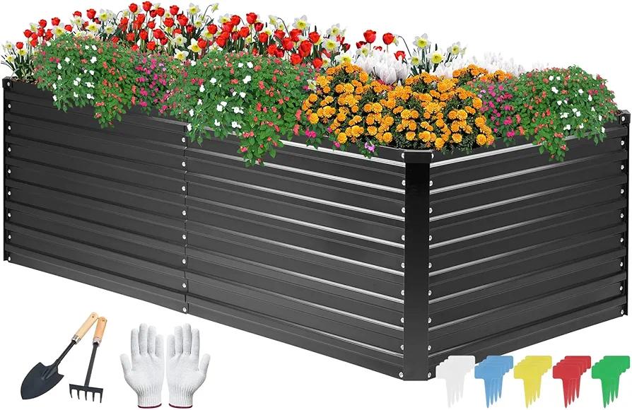 DTIG Galvanized Raised Garden Bed for Vegetables Flowers Herbs, Tall Metal Raised Garden Bed Kit with Garden Tools, Gloves, Plant Labels, Black 6×3×2FT