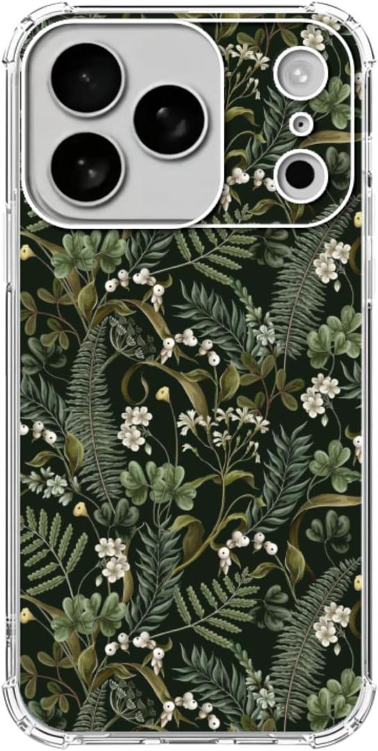 Green Botanical Plants Phone Case Compatible with iPhone 17 Pro, Nature Floral Leaves Cover for iPhone 17 Pro, Soft Trendy Design TPU Bumper Cover Case