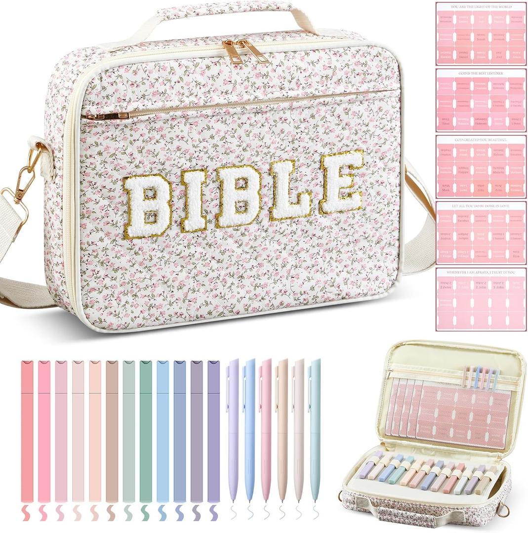 Quilted Bible Cover Case for Women 12 x 9 x 2.5 Inch Bible Chenille Letter Bag with Shoulder Strap Carrying Tabs 6 Colored Pens 12 Highlighters Christian Church Study Gifts(Pink,Floral,)