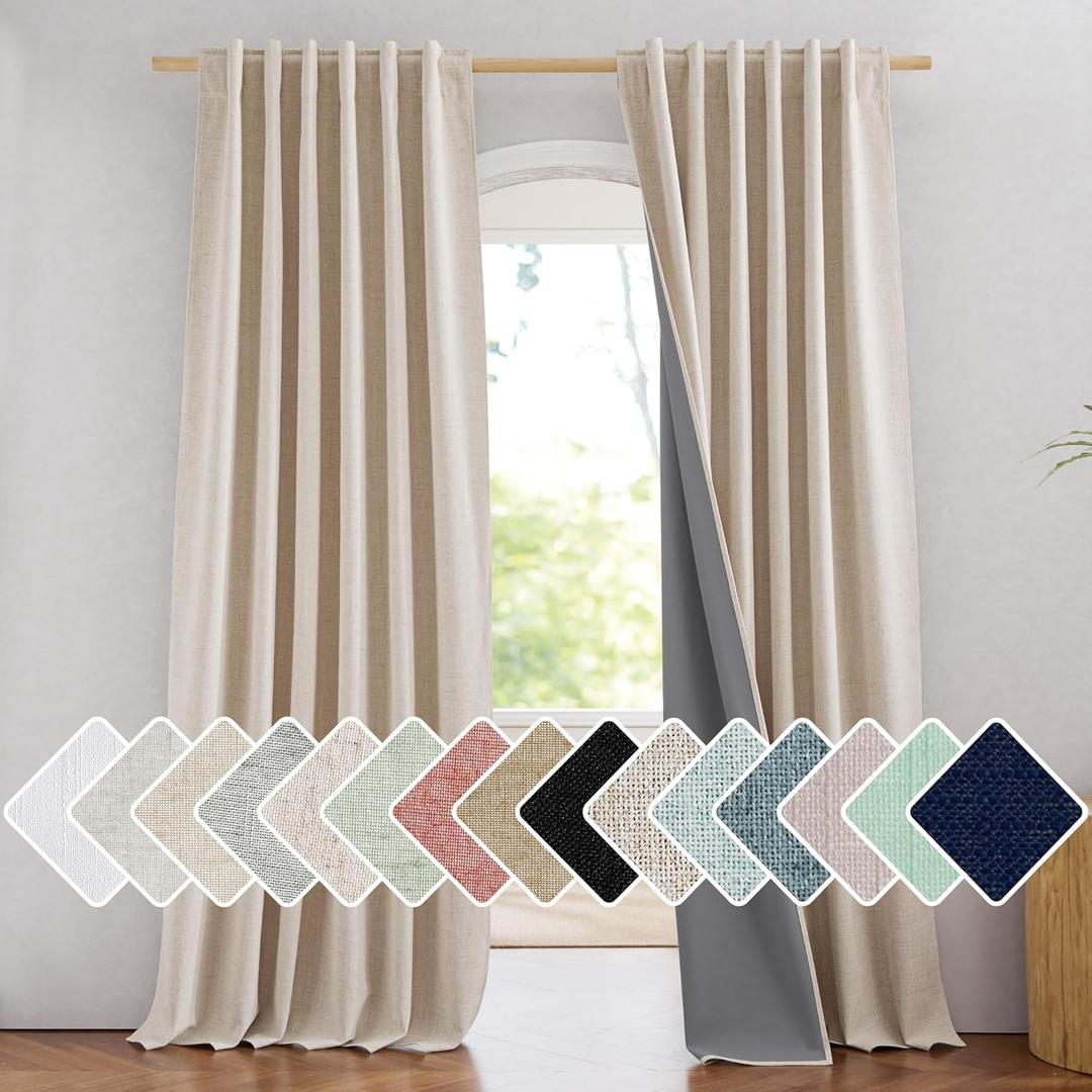 NICETOWN 100% Blackout Cream Linen Curtains 90" Length with Thermal Insulated Liners for Bedroom, Farmhouse Style Room Cooling Window Treatments for Apartment/Condo Dining Room (2 Panels, 52" W)