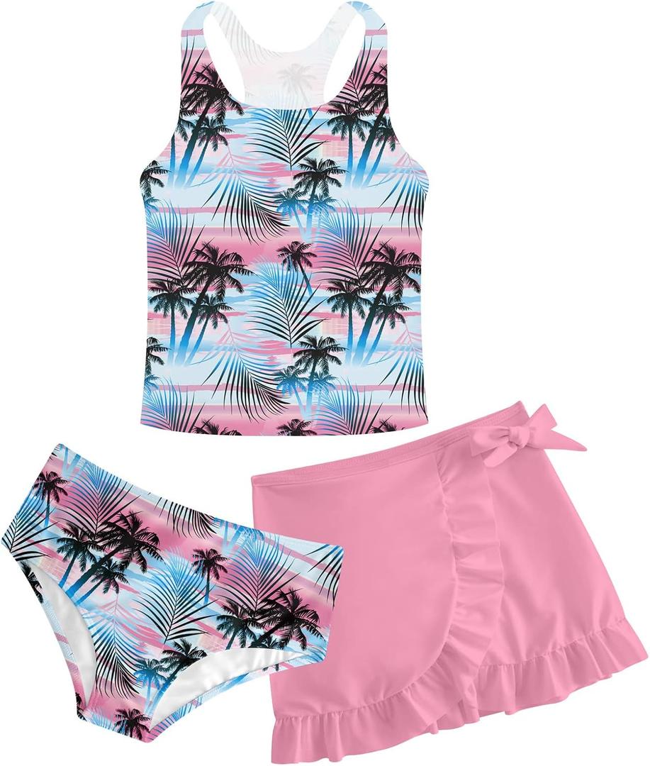 Girls Swimsuits 3 Piece Tankini Bathing Suit Set Cute Bikini Swimwear with Cover Ups Beach Skirt 5-6 Years (A-palm Tree)