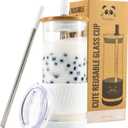 Pandaloo Glass Cups With Lids and Straws -20 Fl Oz- Perfect Size Iced Coffee Cup - Smoothie Cup With Bamboo Lid and On the go Lid - Glass Tumbler With Straw (1 Count (Pack of 1), Coton White)