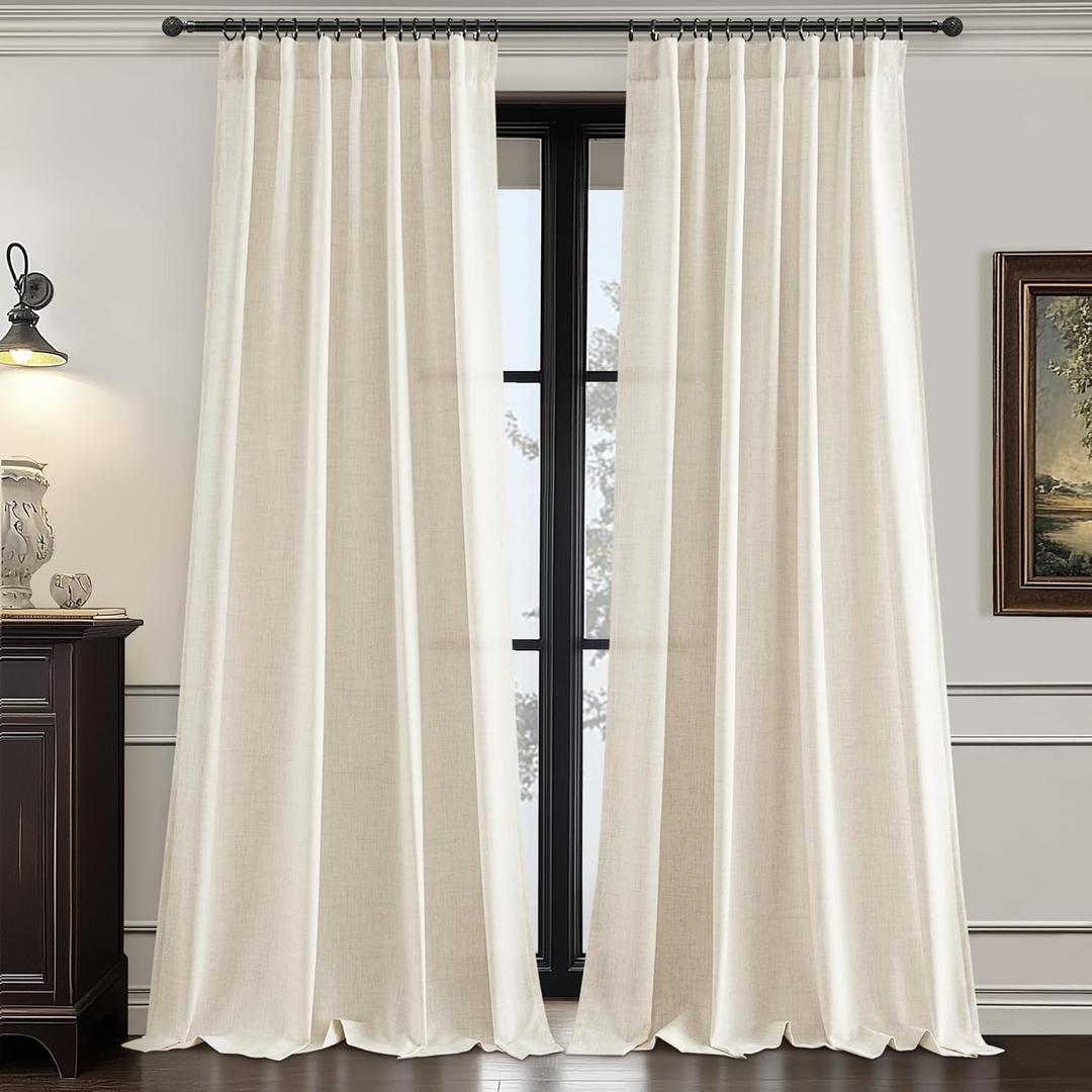 Living Room 102 Inch Long Curtains Thick Linen Blend Cream Pleated Drapes Back Tab & Rod Pocket, Semi Sheer Privacy Light Filtering Large Window Curtain for Nursery Panels of 2 Set Cute White Ivory (Birch)