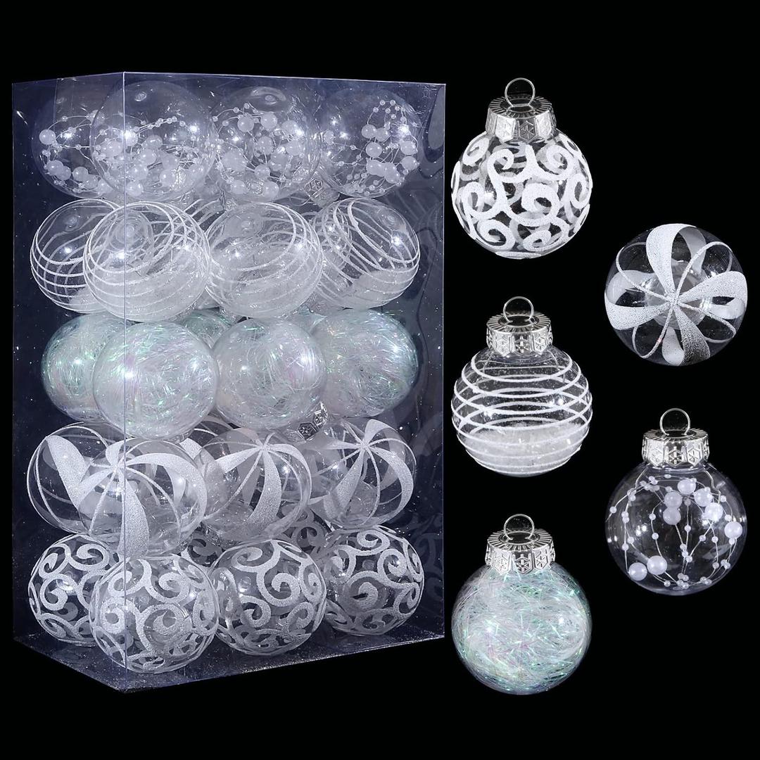 60MM/2.36" Christmas Ornaments Set, 30pcs White Clear Plastic Christmas Tree Ornaments, Delicate Shatterproof Baubles for Xmas Tree Decorations, Wedding, Holiday Party, Home Decor
