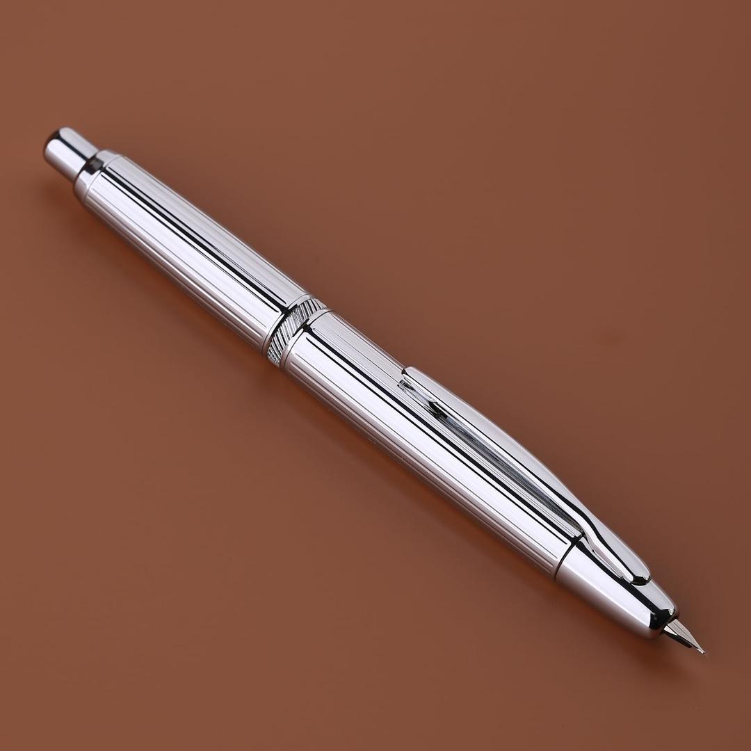 Majohn A1 Retractable Fountain Pen Extra Fine Nib with Box, Silver Stripe Metal Ink Pen with Converter Writing Set (With Clip Version)