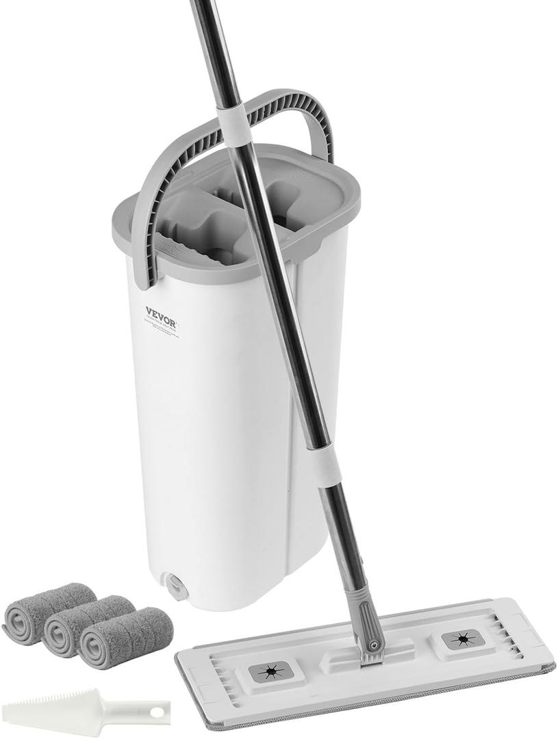 VEVOR Mop and Bucket with Wringer Set, Wet & Dry Use, Flat Mop and Bucket System with 3 Washable Microfiber Pads, Flat Mop with Stainless Steel Handle, Mop Bucket Set for Hardwood Tile Vinyl