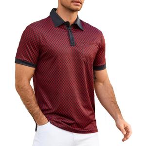 Mens Polo Shirt Short Sleeve Dry Fit Print Golf Shirts for Men Moisture Wicking Color Block Collared Shirts with Pocket (Red,XX-Large)