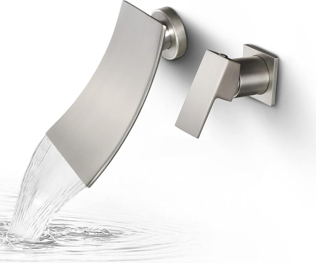 SKOWLL Waterfall Faucet Modern Bathroom Vanity Sink Faucet Wall Mount Bath Mixer Set with Single Handle, Brushed Nickel