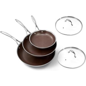 Deluxe 5pc Hybrid Nonstick Frying Pans Set with Lids, 8, 10 & 12" Pans
Ceramic Nonstick,Stay-Cool Handle, Dishwasher Oven Safe, for All Stovetops Induction for Home Daily Cooking (Burgundy)