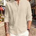 Men's Linen Shirts Henley T-Shirts Long Sleeve Casual Beach T-Shirts Solid Tops Shirts for Men (Beige, XL)