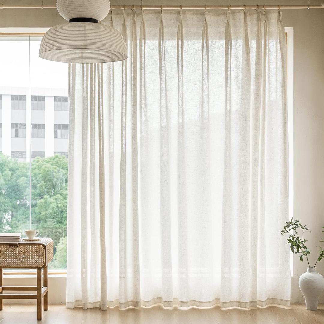 MAIHER Extra Wide 100 W x 108 L Inch Pinch Pleated Drapes, Faux Linen Pinch Pleat Curtains Light Filtering Semi Sheer Curtains with Hooks for Patio Door Bedroom, Natural Linen, 1 Panel