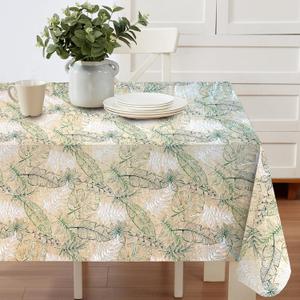 Antigua Tropical Leaf Vinyl Tablecloth 60 x 102 Inch Rectangle Waterproof Table Cover with Flannel Backing, Wipeable Indoor/Outdoor Summer Flowers Print for Picnics, BBQs, and Holiday Dining