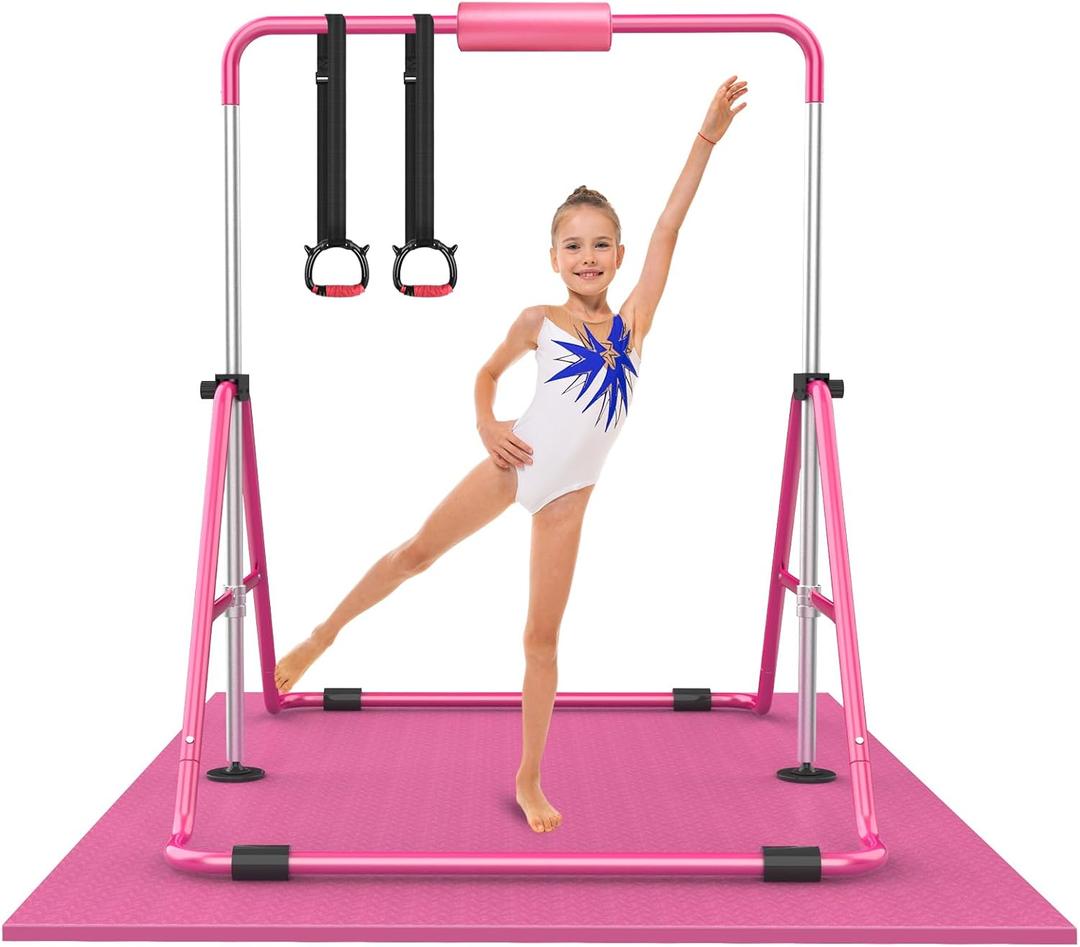 Gymnastic Bars for Kids with Adjustable Height, Folding Gymnastic Training Kip Bar, Expandable Horizontal Bar for Home (Pink with Mat)
