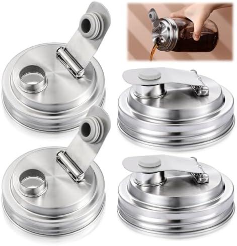 Baderke 4 Pcs Stainless Steel Mason Jar Pour Spout Lid for Wide Mouth Mason Jars, Rust Proof Leak Proof Seal Cover fit Home Tea, Milk, Juice Drinks Airtight Turns your Container into Pitcher