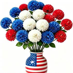 Floweroyal 24pcs 4th of July Flowers Artificial Chrysanthemum Ball Silk Hydrangea Flowers for Independence Day, Memorial Day, Floral Arrangement Decor (Red, Blue, White)
