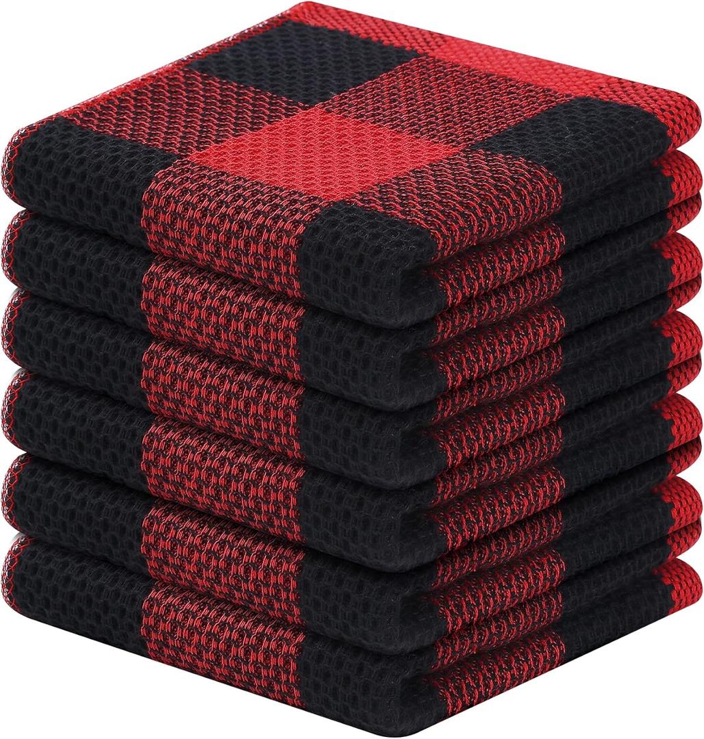 Homaxy 100% Cotton Waffle Weave Check Plaid Dish Cloths, 12 x 12 Inches, Super Soft and Absorbent Dish Towels Quick Drying Dish Rags, 6-Pack, Black & Red