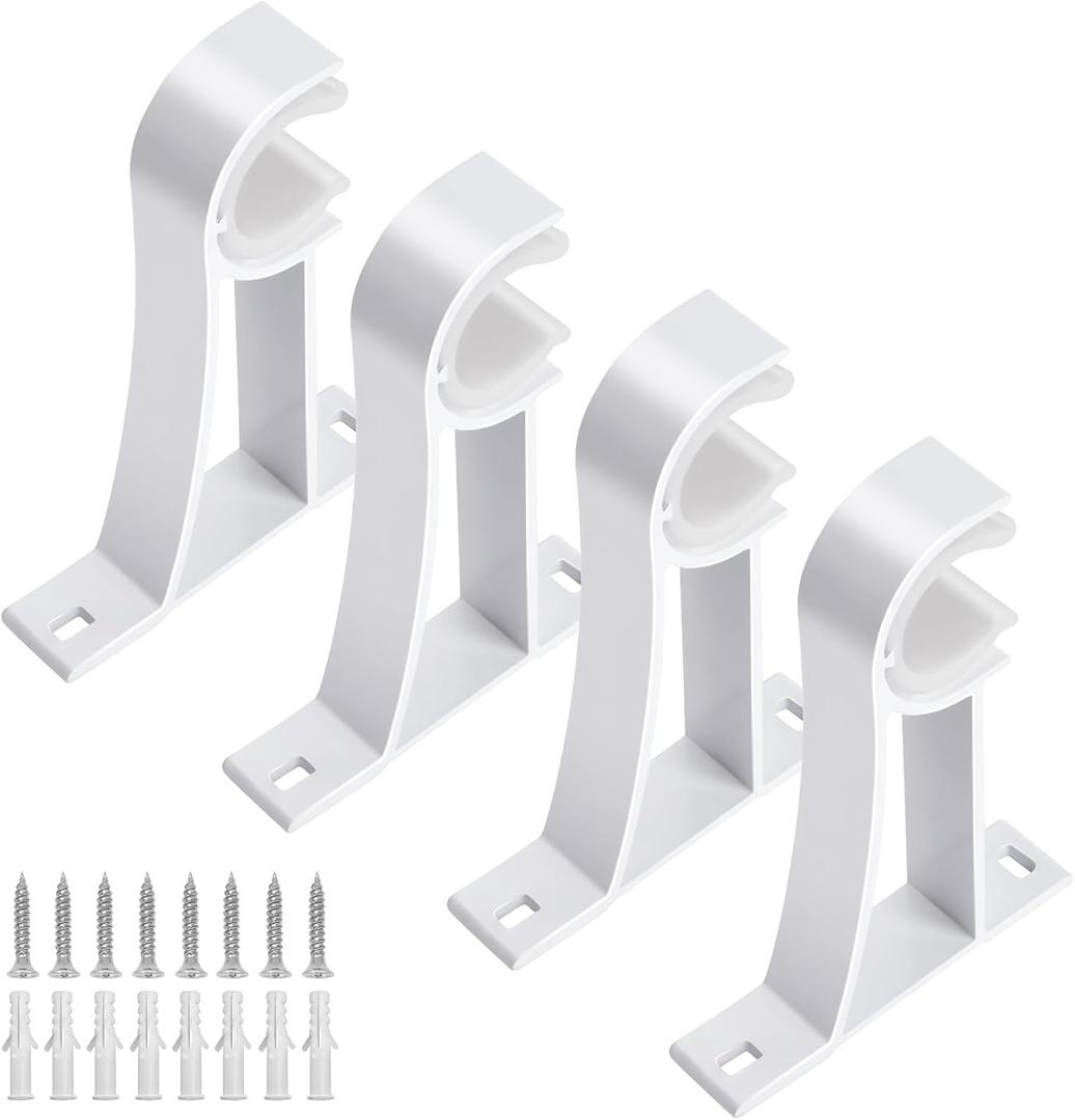 KOLAKO Curtain Rod Brackets Set of 4 White Heavy Duty Single Rod Holders with Screws, Fits 1 Inch Rods