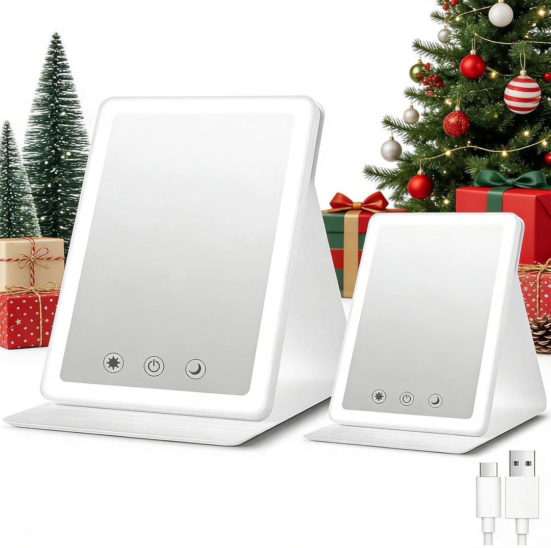 (2 Pack) 2025 Rechargeable Travel Makeup Vanity Mirror with 72 Led Lights,Portable Lighted Beauty Mirror,3 Color Lighting,Dimmable Touch Screen,Tabletop LED Folding Cosmetic Vanity Mirror Desk Table (White Mix 2p)