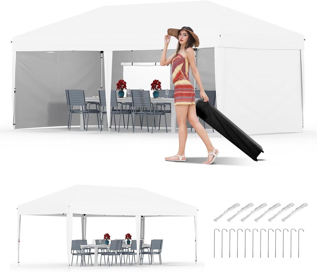 10x20 Pop Up Canopy with 0/4/6 Sidewalls, Beach Ten with One Push Setup, Heavy Duty Outdoor Instant Canopy Tent with Portable Roller Bag, Silver Coated Top, 3 Adjustable Height, Sandbags (White)
