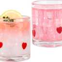 2 Pcs Red Hearts Icon Juice Glasses Valentines Day Handblown Cocktail Glass Cup 14oz Stemless Wine Coffee Drinking Cups for Gifts Holiday Party Supplies Decor (Hearts)
