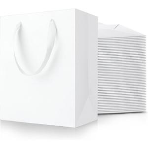 MOXARYSU White Gift Bags With Handles: 8x5x10 Inch 50pcs Medium Paper Gags Bulk For Birthday Wedding Party Shopping(M, 50)