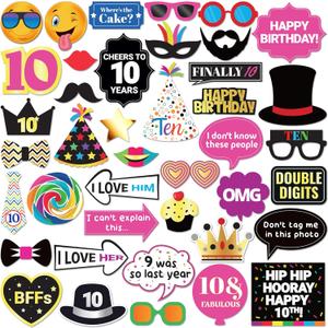 Photo Booth Props Kids 10th Birthday - 40 Piece Set, Multicolored - Funny Party Selfie Accessories for Photoshoot by PixiPy
