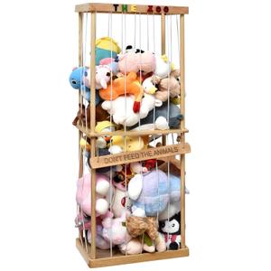 FUIN 58.46" Stuffed Animal Zoo Storage Cage, Large Wooden Stuffed Animal Jail Organizer for Plushies and Squishmallow, Durable Corner Stuffed Animal Tower Holder Display, Natural