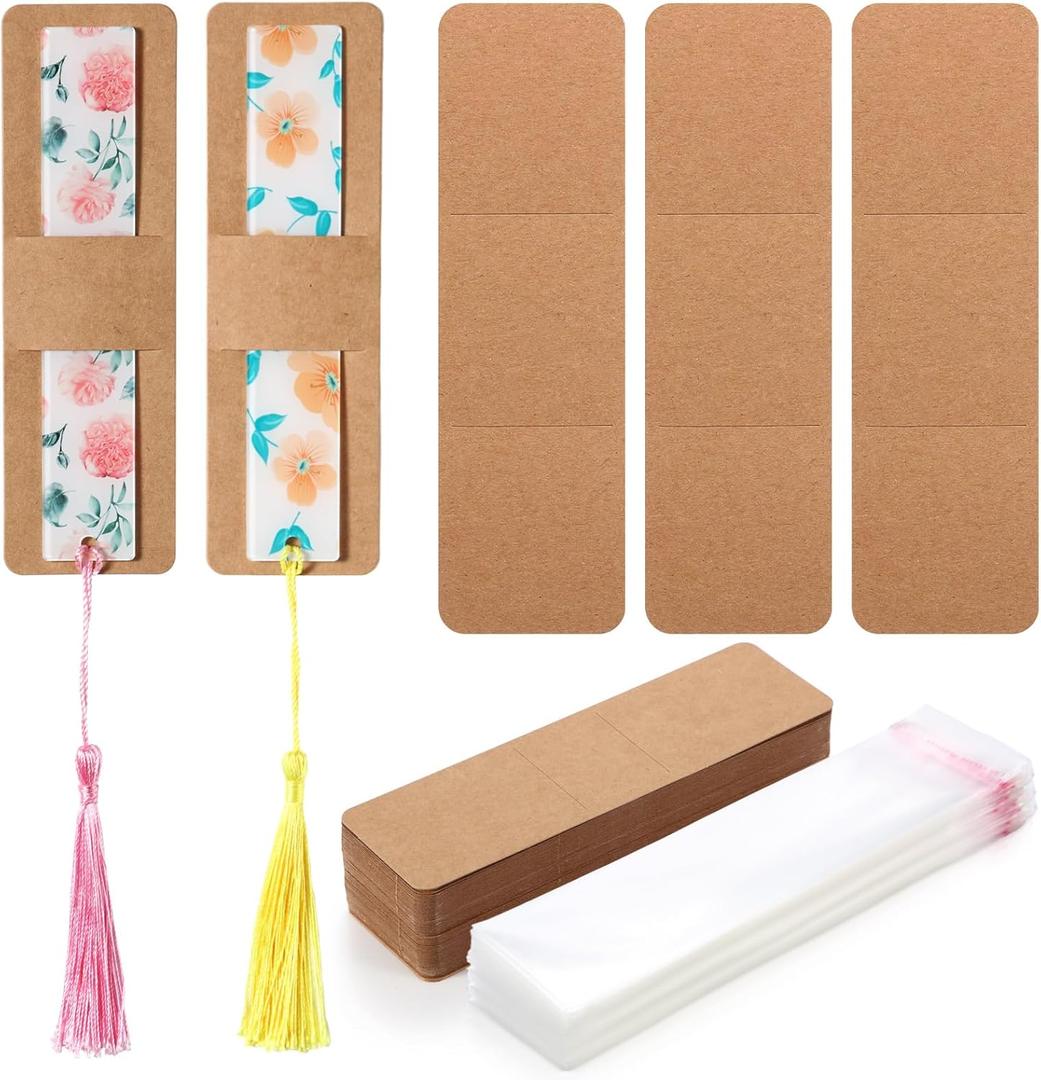 Honoson 100 Set Bookmark Holders Gift Set Kraft Paper Bookmark Sleeves Transparent Self Adhesive Bag DIY Blank Cover Display Cards for Wrapping Small Business Supplies Reading Party Favor