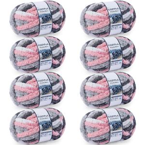 Cozyful Chunky Yarn for Hand Knitting - #10 Chunky Chenille Blanket Yarn, Jumbo Big Thick Chunky Yarns for Crocheting, Tie Dye Bulky Knit Yarns, 8 Skein (25 yds 8 oz Each Skein), Pink & Grey & White