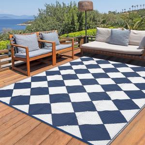 GarveeHome Outdoor Rug 9x12 Waterproof Patio Rug Reversible Plastic Straw Rug Camping Rug Modern Geometric Portable Foldable Large Rugs for RV Porch Balcony Picnic Beach Backyard Dark Blue Diamond