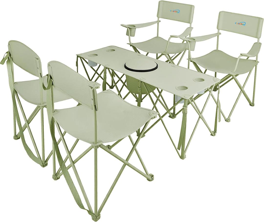5 Pcs Camping Chair and Folding Camping Table Set, Outdoor Folding Picnic Chairs Lawn Portable Camp Table with Cooler Bag & Cup Holder for Camping, Fishing, Sporting Events, Support 500lbs, Green, 25 inches