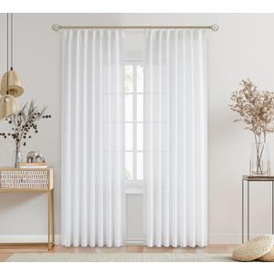Central Park White Pinch Pleated Sheer Curtain Panels Linen Textured Window Treatment Drape Farmhouse Rustic for Living Room Bedroom, 40"x90"x2