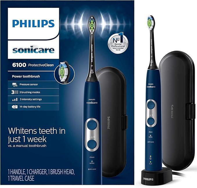 Philips Sonicare ProtectiveClean 6100 Rechargeable Electric Toothbrush, with Pressure Sensor, 3 Cleaning Modes, SmarTimer and QuadPacer, 14Day Battery Life, Travel Case, Navy Blue, Model HX6871/49