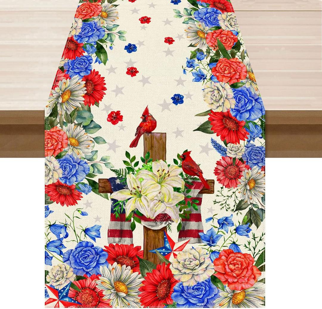 XCHI Colorful Patriotic Flowers Cross Cardinals America Memorial Day Table Runner Patriotic Table Decoration for Party Home Kitchen Dining Holiday Decor 13x120 Inch