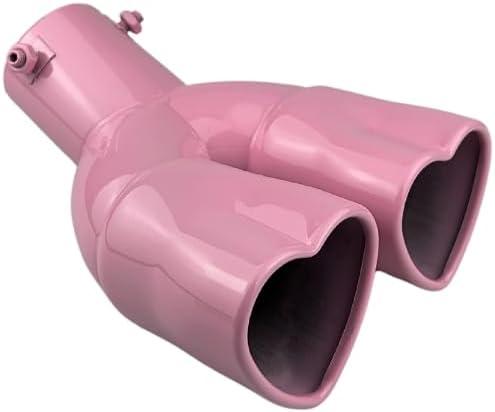 idain 2.5 inch Inlet Dual Exhaust Tips Muffler Tip,Chrome Heart-Shaped Exhaust Tip,Universal Bolt-On Double Tube Exhaust Muffler (Pink,Curved)