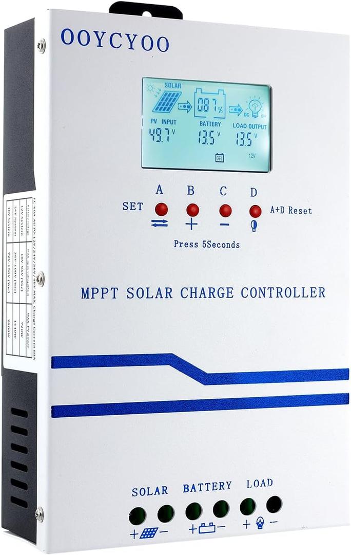 MC60A OOYCYOO MPPT Solar Charge Controller 60 amp, 12V 24V 36V 48V Auto 60A Solar Panel Charge Regulator, Max 160V Input with LCD Display for Lead-Acid Sealed Gel AGM Flooded Lithium Battery