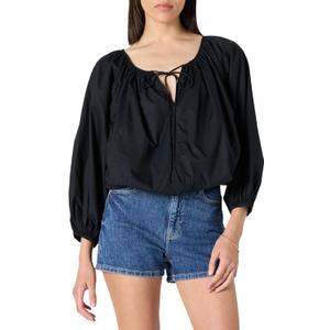 The Drop Women's Shirred Neck Cotton Bubble Hem Top (Black, L)