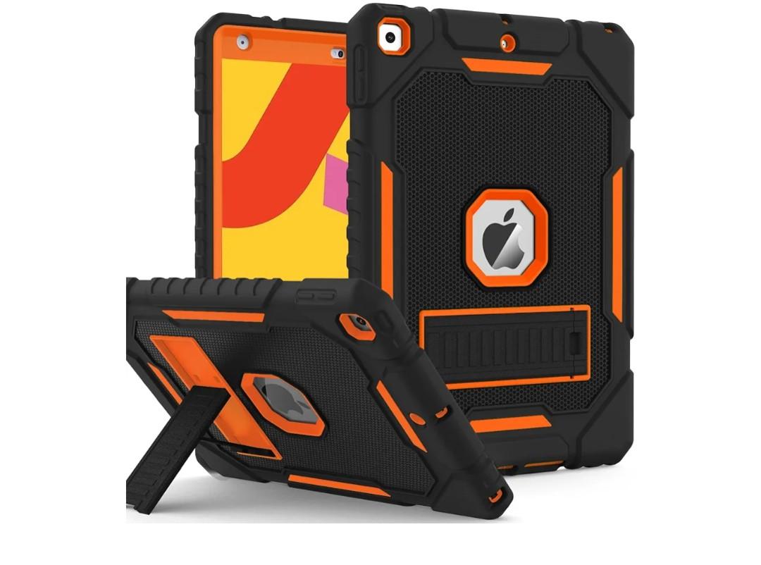 Case for iPad 9th/8th/7th Generation 2021/2020/2019(10.2 inch), Heavy Duty Military Grade Shockproof Rugged Protective 10.2" Cover with Built-in Stand for iPad 9 8 7 Gen(Black+ Orange)