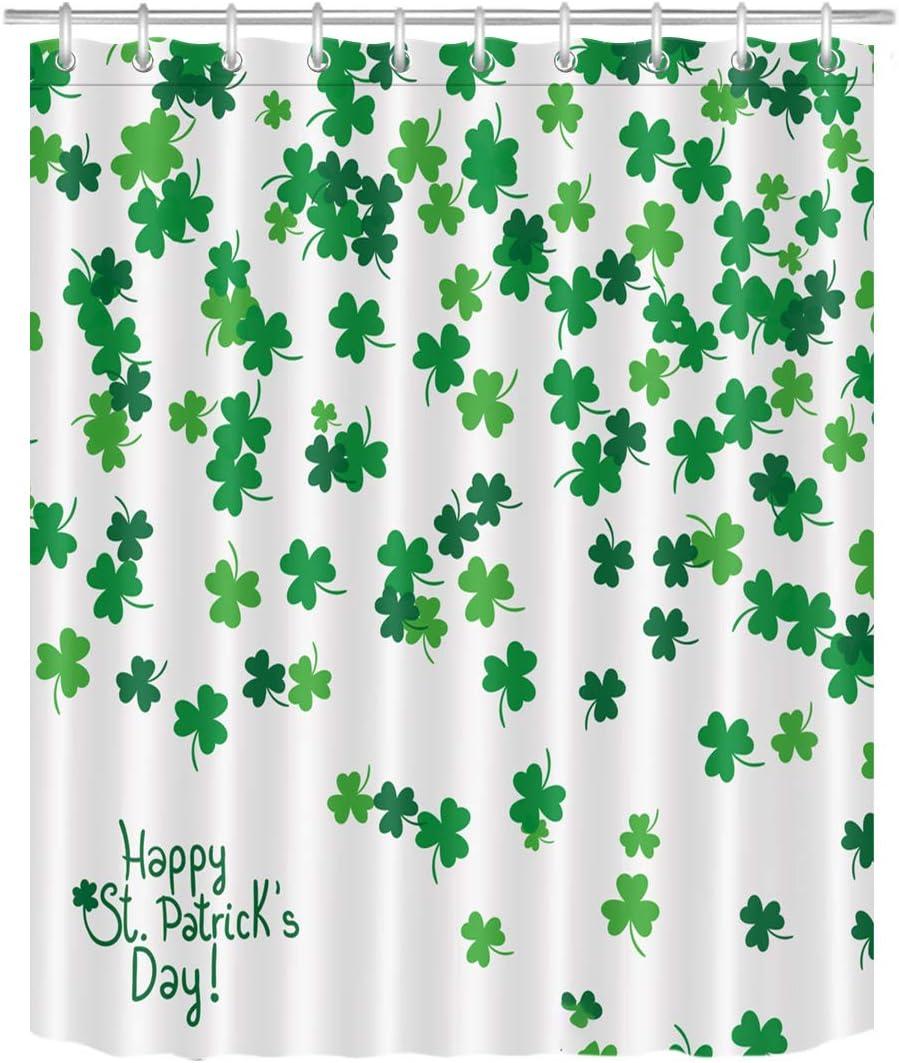 LB Saint Patricks Day Shower Curtain Set Ireland Green Clover Leaves in White Bathroom Curtain with Hooks 60x72 inch Polyester Fabric Bathroom Decorations (60"W x 72"L (Pack of 1))