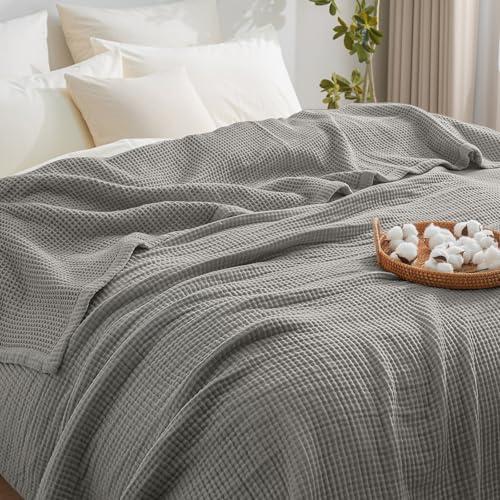 PHF 100% Cotton Waffle & Muslin Blanket King Size, Soft Breathable Luxury 400GSM Versatile Reversible Bedding for Bed, Great for Layering in Cold Weather, Home Decor Gift, 104" x 90", Frosted Grey
