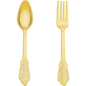N9R 200PCS Gold Spoons and Forks Set, Heavy Duty Gold Plastic Silverware Set Fancy Disposable Utensils for Parties, Elegant Cutlery Sets for Wedding, Birthday(100 Forks & 100 Spoons)