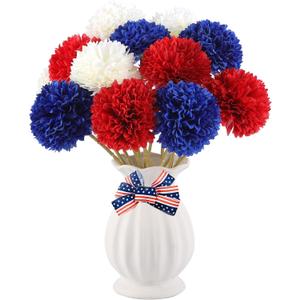 Rowfad 12 Pcs Artificial Chrysanthemums Flowers Patriotic Flowers 4th of July Fake Mums Flowers Silk Red White Blue Flower for Home Decor Indoor Memorial Day Table Centerpiece (12, Red White Blue)