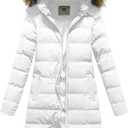 CREATMO US Women's Long Winter Faux Fur Coat Puffer Warm Jacket with Detachable Hood (Large, White)