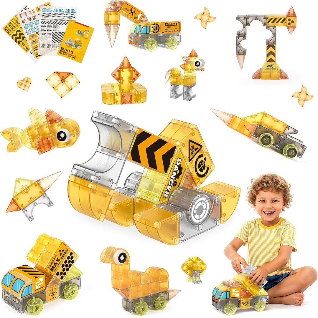 cossy Magnetic Blocks, 3D Building Construction Toys, Multi Shape Building Blocks Boys Toys Ages 3-5 5-7 8-10 with Magnetic Cars, STEM Kits, Learning & Education, Creative, Engineering Set, Truck