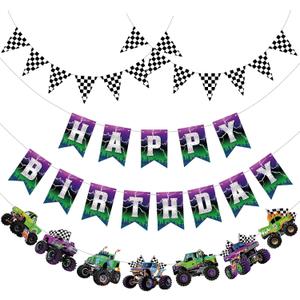 Pasimy 4 Pcs Monster Truck Birthday Banner Cars Truck Garland Black and White Checkered Flags Pennants Green Purple Happy Birthday Bunting Racing Car Theme Party Decorations Supplies