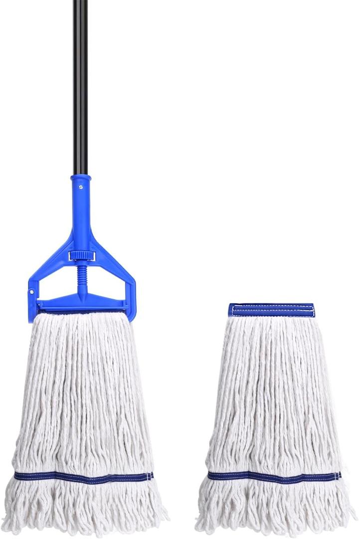 Loop-End String Mop Heavy Duty Commercial Industrial Mops with 2 Extra Mop Heads Replacement, 59 Inch Cotton Wet Mop for Floor Cleaning